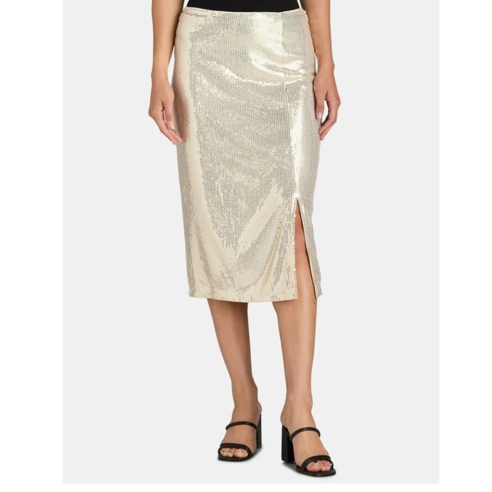 TIME & TRU GOLD SEQUIN MIDI SKIRT WOMEN W/SIDE ZIP & SLIT FULLY LINED M 8-10 A94